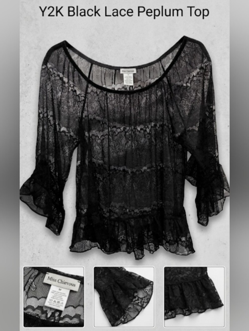 Vintage 90's Black Lace Sheer Peplum Top (Free Size)  Whimsygoth Noir Boho